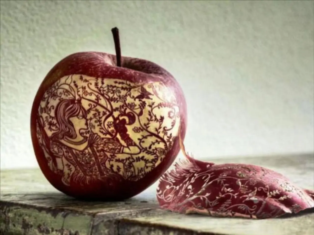 In this picture we can see design on an apple on the platform. In the background of the image we...
