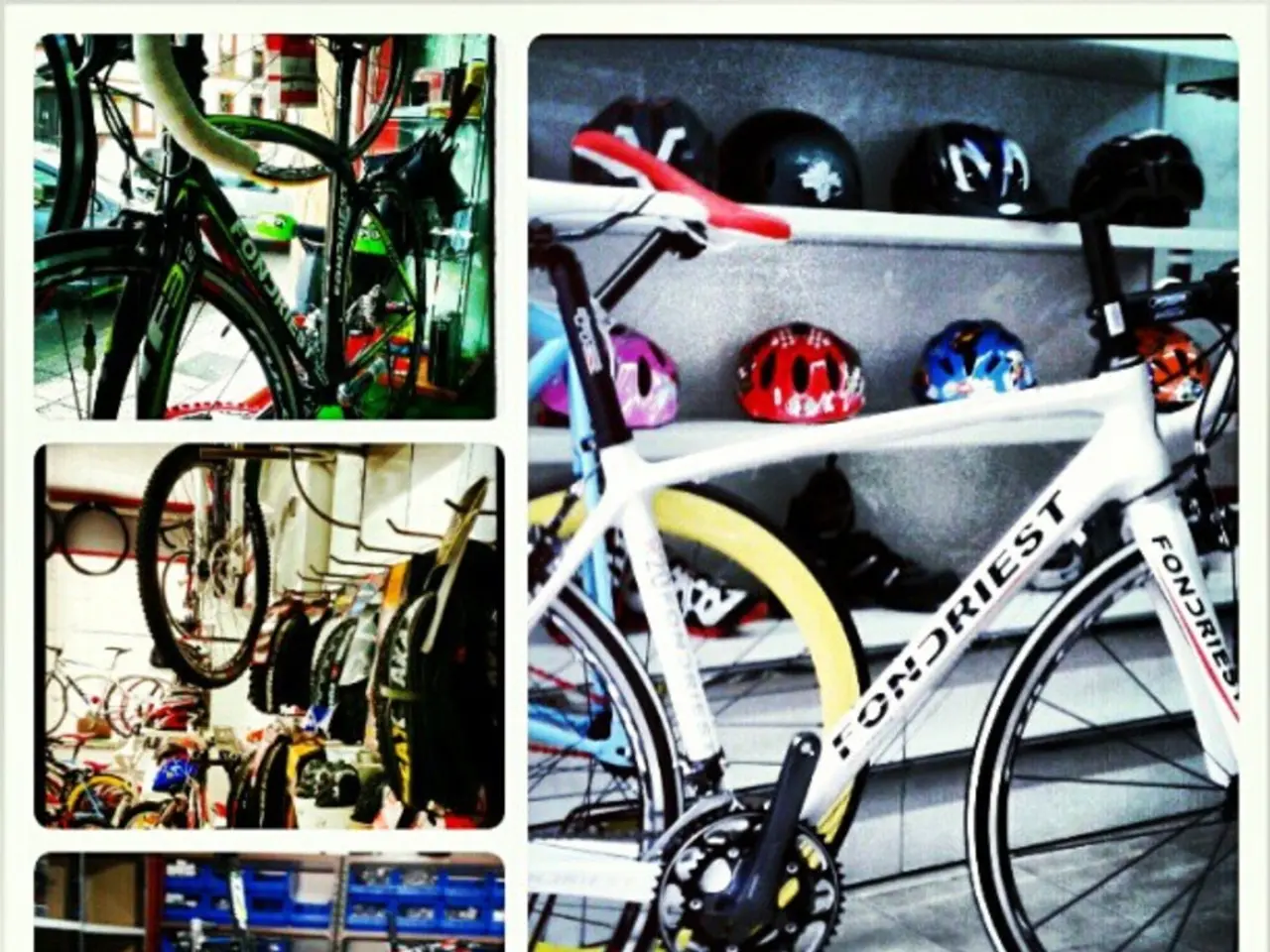 This is a collage image of a bicycles and helmets.