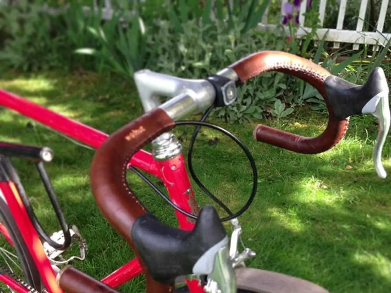 This picture is clicked outside. In the foreground there is a red color bicycle parked on the...
