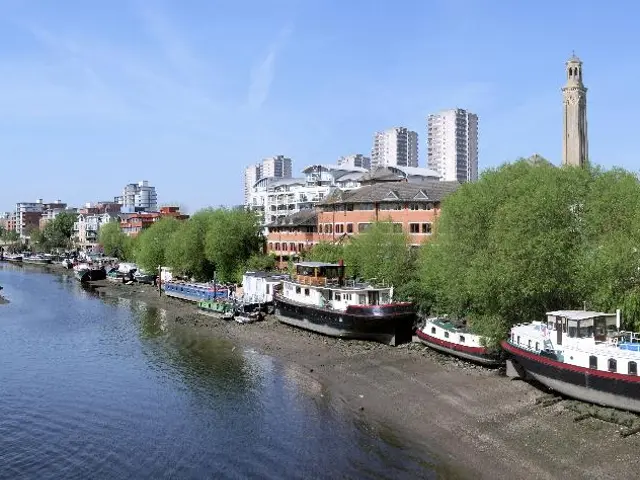 Here we can see water, trees, ships and boats. Buildings with windows.