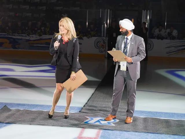 This person wore an Id card and holding an object. This woman is holding a mic and pad. Background...