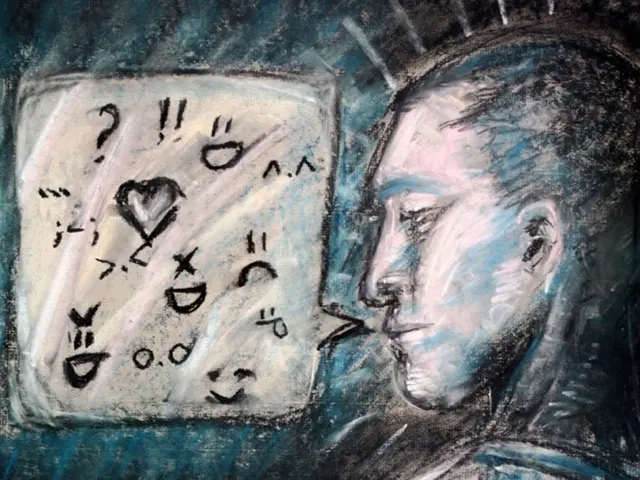 This is a sketch of a person sitting on the chair is on the right side and a dialogue text box is...