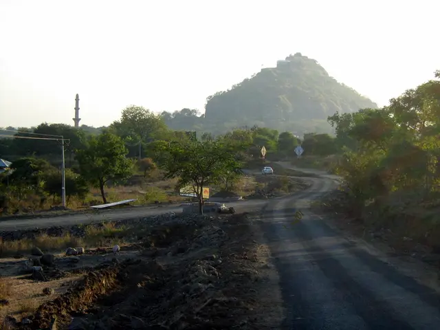 This picture is clicked outside the city. At the bottom of the picture, we see the road, sand and...