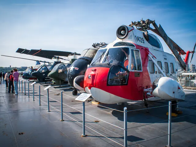 In this image we can see the helicopters. We can also see the people on the path. We can see the...