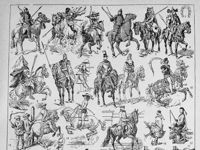 In this image there is a paper. On the paper there are pictures of horses and people sitting on the...