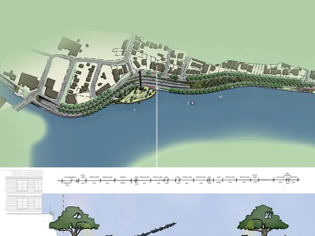 In this image I can see the digital art in which I can see few trees, few vehicles, the water, the...