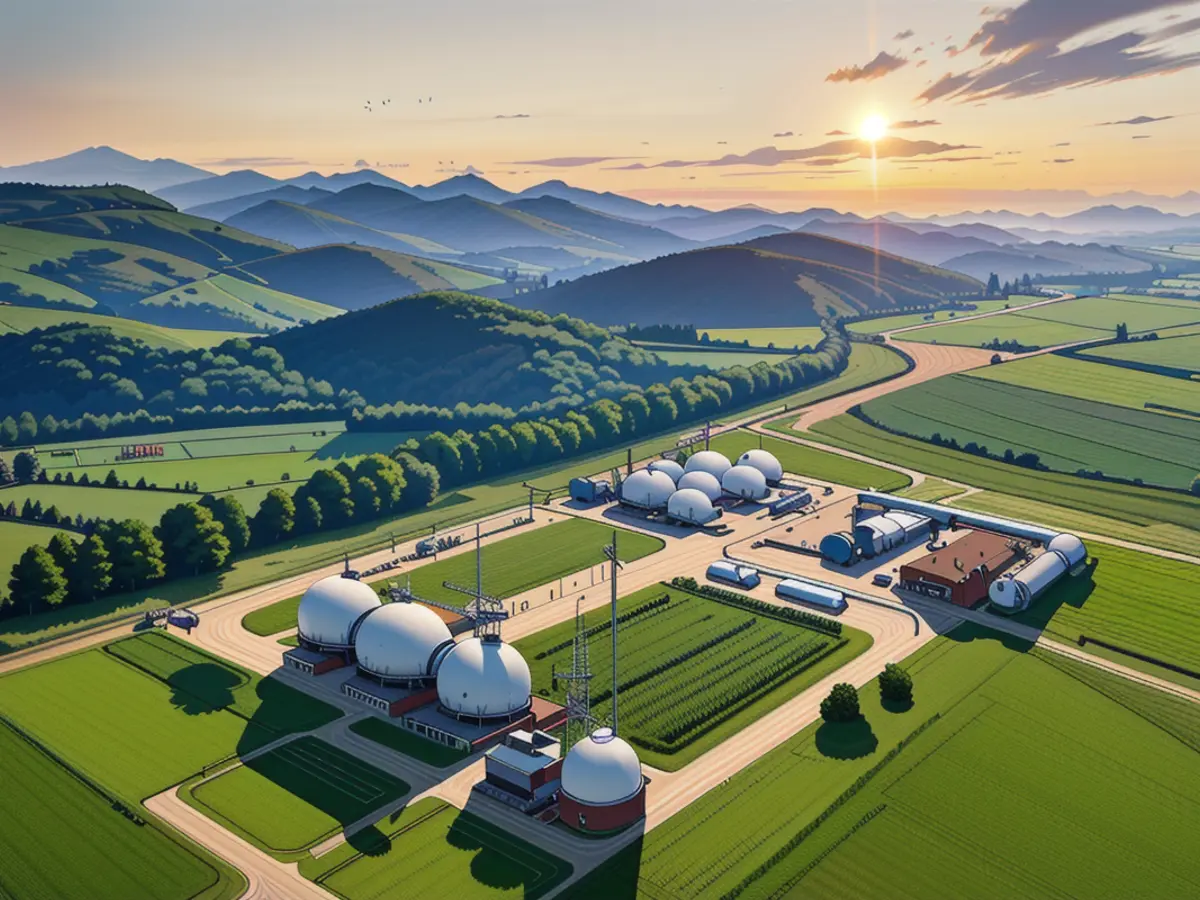 Agricultural terrain hosts biogas facility.