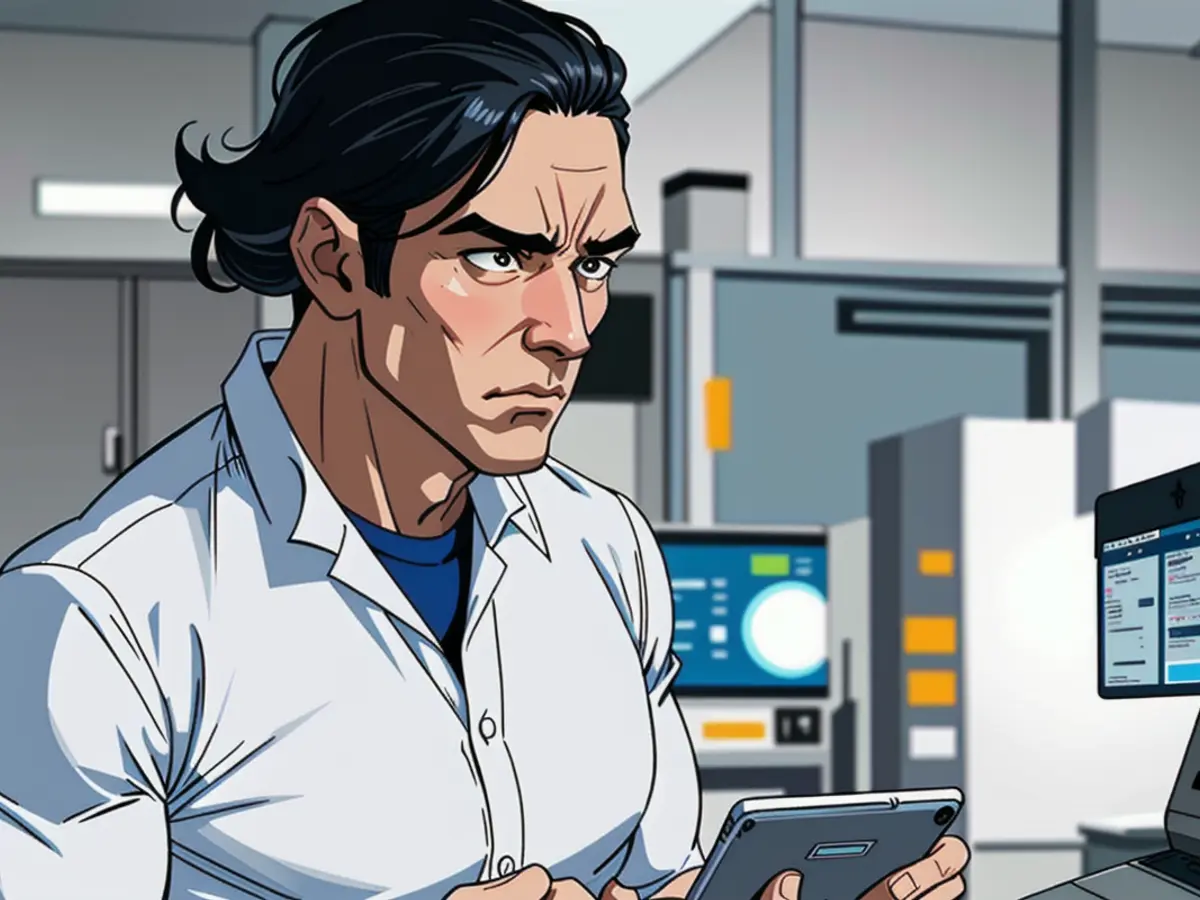 Diligent and concentrated scientist absorbing data on a tablet in a research facility. Eager...